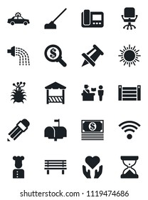 Set of vector isolated black icon - passport control vector, alarm car, sun, office chair, drawing pin, watering, hoe, bench, heart hand, virus, container, pencil, wireless, mailbox, cook, alcove