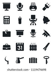 Set of vector isolated black icon - suitcase vector, office chair, case, presentation board, fence, saw, sickle, microphone, bell, calendar, torch, calculator, printer, heater, candle, rolling pin