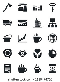 Set of vector isolated black icon - coffee vector, factory, stamp, axe, heart hand, car delivery, equalizer, stopwatch, eye id, contract, office building, credit card, steaming pan, earth, hierarchy