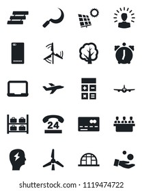 Set of vector isolated black icon - credit card vector, plane, luggage storage, calculator, notebook pc, brainstorm, tree, sickle, greenhouse, 24 hours, phone back, alarm, meeting, paper tray