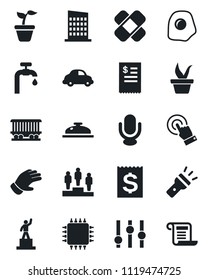 Set of vector isolated black icon - pedestal vector, seedling, glove, patch, railroad, car delivery, receipt, settings, microphone, touch screen, torch, water supply, city house, reception, omelette