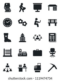 Set of vector isolated black icon - gear vector, office chair, case, desk, boot, bench, clock, presentation board, building, hr, abacus, phone, manager, copier, hierarchy, contract, book, hard work
