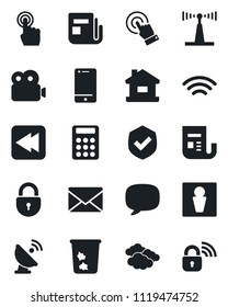 Set of vector isolated black icon - trash bin vector, male, clouds, lock, mail, shield, satellite antenna, news, cell phone, touch screen, rewind, message, wireless, video, calculator, house