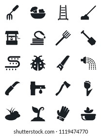 Set of vector isolated black icon - job vector, garden fork, farm, ladder, watering, sproute, glove, saw, lady bug, well, hose, hoe, knife, axe, pond, drip irrigation, tulip, salad