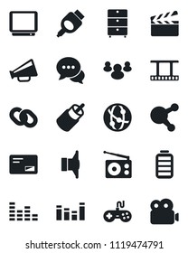 Set of vector isolated black icon - clapboard vector, film frame, archive chest, radio, speaker, loudspeaker, gamepad, equalizer, tv, network, dialog, share, chain, group, battery, mail, rca, hdmi