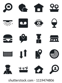 Set of vector isolated black icon - radar vector, seedling, mobile tracking, cargo container, search, record, data exchange, eye id, smart home, flower in pot, cook, egg stand, cafe building