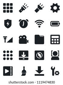 Set of vector isolated black icon - menu vector, protect, settings, themes, calculator, alarm, folder, download, wireless, torch, compass, face id, video, cellular signal, battery, root setup