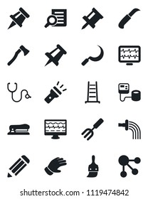 Set of vector isolated black icon - document search vector, drawing pin, pencil, garden fork, ladder, watering, glove, sickle, knife, axe, monitor pulse, stethoscope, blood pressure, themes, torch