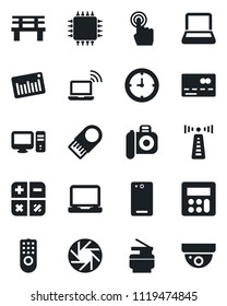Set of vector isolated black icon - antenna vector, credit card, wireless notebook, calculator, bench, clock, barcode, camera, touch screen, laptop pc, phone back, mobile, copier, chip, usb flash