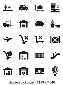 Set of vector isolated black icon - baggage trolley vector, escalator, waiting area, fork loader, airport building, plane, cargo container, sea port, no, warehouse, railroad, garage gate control