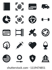 Set of vector isolated black icon - radar vector, circle chart, tree, heart, syringe, barbell, satellite, term, film frame, network, protect, brightness, eye id, copybook, egg stand, fingerprint