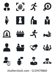 Set of vector isolated black icon - female vector, baby room, reception, speaking man, meeting, manager place, run, doctor, patient, pregnancy, user, client search, estate agent, waiter, fingerprint