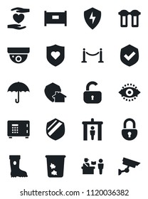 Set of vector isolated black icon - fence vector, passport control, security gate, trash bin, safe, boot, heart shield, hand, umbrella, protect, lock, eye id, water filter, home, surveillance