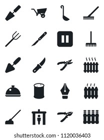 Set of vector isolated black icon - security gate vector, trowel, farm fork, rake, wheelbarrow, pruner, hoe, garden knife, scalpel, oil barrel, pause button, ink pen, heater, dish, ladle, radiator