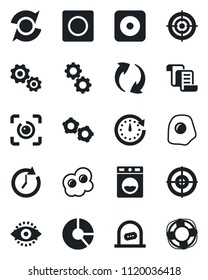 Set of vector isolated black icon - ticket office vector, gear, contract, circle chart, rec button, update, record, eye id, target, omelette, washer, clock, crisis management