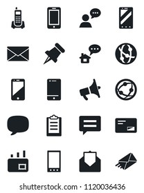 Set of vector isolated black icon - mobile phone vector, mail, office, loudspeaker, network, cell, speaker, paper pin, message, clipboard, home
