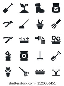 Set of vector isolated black icon - flower in pot vector, garden fork, shovel, rake, seedling, watering, sproute, pruner, boot, hoe, fertilizer, irrigation