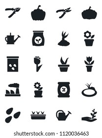 Set of vector isolated black icon - factory vector, flower in pot, seedling, watering can, sproute, pruner, pumpkin, seeds, pond, fertilizer, tulip, palm