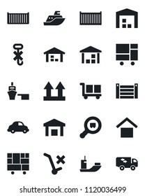 Set of vector isolated black icon - sea shipping vector, cargo container, car delivery, port, consolidated, warehouse storage, up side sign, no trolley, hook, search, moving
