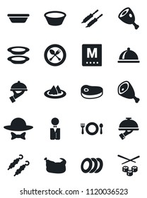 Set of vector isolated black icon - spoon and fork vector, waiter, dish, serviette, cafe, menu, plates, dress code, chicken, steak, kebab, ham, bowl, sushi