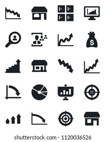 Set of vector isolated black icon - shop vector, checkroom, growth statistic, money bag, crisis graph, store, monitor statistics, pie, hr, target, consumer search, arrow up, presentation, storefront