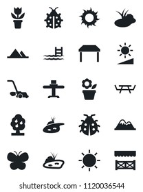 Set of vector isolated black icon - flower in pot vector, lawn mower, butterfly, lady bug, sun, pond, picnic table, brightness, pool, fruit tree, mountains, restaurant, alcove
