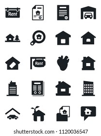 Set of vector isolated black icon - house vector, real heart, contract, garage, estate document, rent, search,  eco smart home, city, message
