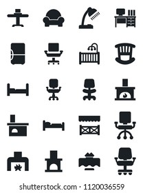 Set of vector isolated black icon - bed vector, office chair, desk, fireplace, lamp, bedroom, children room, cushioned furniture, restaurant table, alcove, fridge