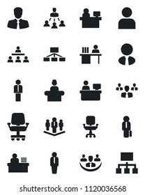 Set of vector isolated black icon - reception vector, manager, place, client, user, company, office chair, desk, hierarchy, estate agent, group