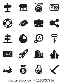 Set of vector isolated black icon - stopwatch vector, alarm led, consumer search, arrow up graph, palm sproute, rocket, money bag, flask, case, social media, crisis management, certificate, mail