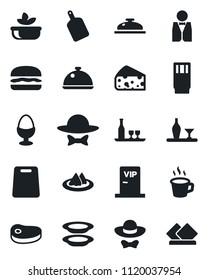 Set of vector isolated black icon - coffee vector, waiter, dish, alcohol, serviette, reception, drink, salad, plates, egg stand, vip zone, dress code, steak, hamburger, cutting board, cheese