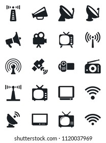 Set of vector isolated black icon - antenna vector, satellite, radio, loudspeaker, tv, video camera, wireless