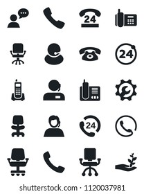 Set of vector isolated black icon - 24 around vector, office chair, phone, hours, support, speaker, radio, call, root setup, palm sproute