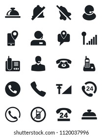 Set of vector isolated black icon - phone vector, no mobile, reception bell, 24 hours, support, tracking, radio, call, mute, cellular signal