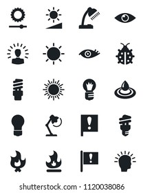 Set of vector isolated black icon - sun vector, bulb, lady bug, fire, eye, important flag, brightness, desk lamp, water, energy saving, shining head