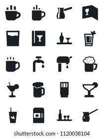 Set of vector isolated black icon - hot cup vector, coffee machine, water supply, alcohol, wine card, drink, cocktail, phyto bar, beer, turkish