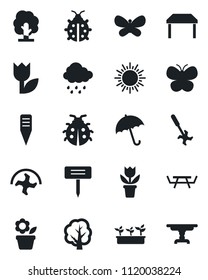 Set of vector isolated black icon - umbrella vector, sun, flower in pot, ripper, tree, butterfly, lady bug, seedling, rain, plant label, picnic table, tulip