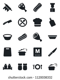 Set of vector isolated black icon - cook vector, cafe, hat, menu, bacon, salt and pepper, ham, bowl, rolling pin, cutting board, knife, steaming pan