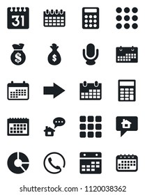 Set of vector isolated black icon - right arrow vector, calendar, circle chart, microphone, menu, calculator, phone, home message, money bag