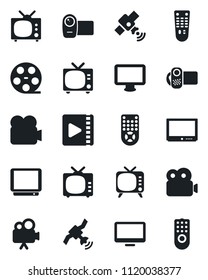Set of vector isolated black icon - tv vector, reel, satellite, video camera, remote control, monitor