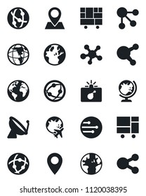 Set of vector isolated black icon - satellite antenna vector, bomb in case, globe, plane, earth, pin, consolidated cargo, network, share, social media