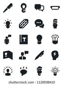Set of vector isolated black icon - speaking man vector, pen, brainstorm, bulb, dialog, wine card, hot dog, energy saving, shining head, idea