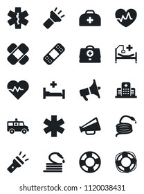 Set of vector isolated black icon - hose vector, heart pulse, doctor case, patch, ambulance star, car, hospital bed, loudspeaker, torch, crisis management
