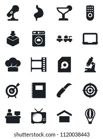 Set of vector isolated black icon - washer vector, baggage larry, notebook pc, manager place, garden knife, microscope, stomach, warehouse storage, package, film frame, microphone, copybook, target