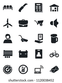 Set of vector isolated black icon - no mobile vector, waiting area, wireless notebook, document, wheelbarrow, lawn mower, garden knife, bike, support, truck trailer, warehouse, speaker, contract