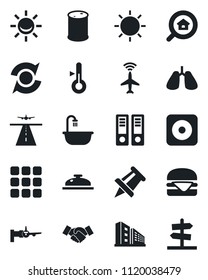 Set of vector isolated black icon - runway vector, plane radar, boarding, handshake, office binder, drawing pin, sun, lungs, oil barrel, rec button, menu, update, building, estate search, bathroom