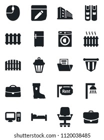Set of vector isolated black icon - bed vector, pennant, mouse, boot, notes, case, document folder, book, fence, rent, office building, washer, heater, pc, radiator, outdoor lamp, fridge, chair
