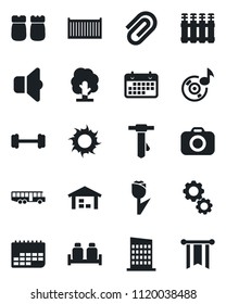 Set of vector isolated black icon - airport bus vector, tie, tree, sun, barbell, cargo container, term, tulip, camera, music, paper clip, warehouse, city house, salt and pepper, radiator, sound