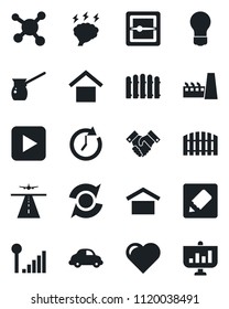 Set of vector isolated black icon - runway vector, brainstorm, bulb, fence, heart, molecule, car delivery, warehouse storage, play button, scanner, notes, cellular signal, update, handshake, factory