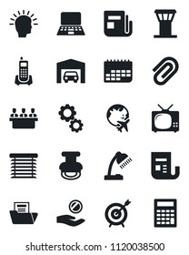 Set of vector isolated black icon - airport tower vector, plane globe, notebook pc, office phone, term, news, paper clip, document folder, desk lamp, meeting, stamp, garage, tv, jalousie, target